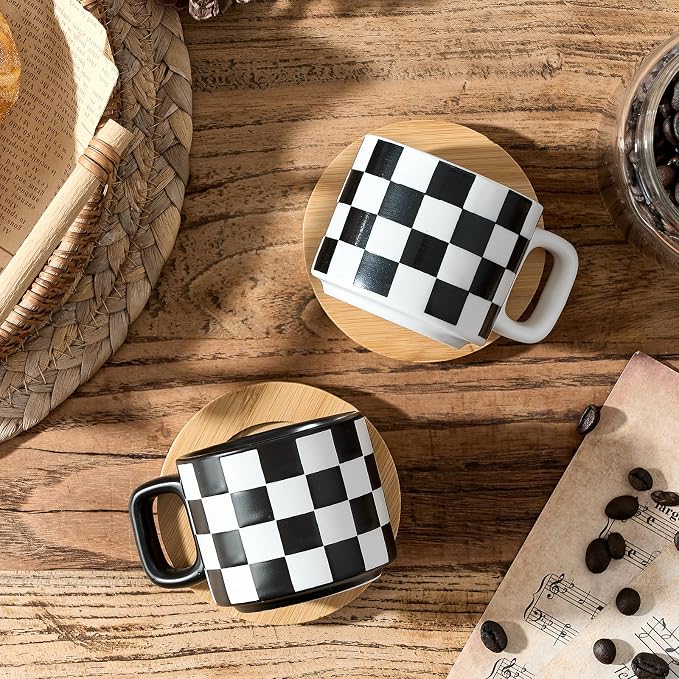 LUKA Ceramic Stackable Black and White Checkered Espresso Cups - Image 5