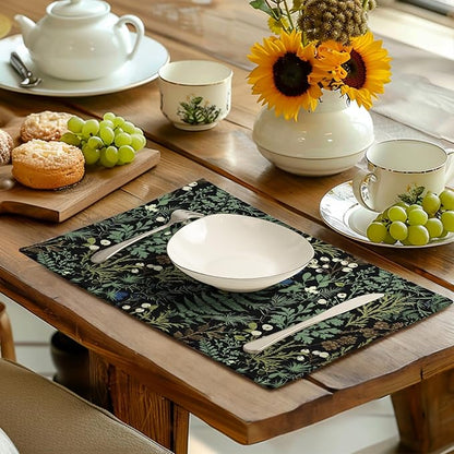 Black Sage Green Leaves Placemats Set of 4 Vintage Botanical Fern Leaf Floral Place Mats Farmhouse Heat Resistant Washable Kitchen Dining Linen Table Mats for Home Party Decor 12x18 Inch