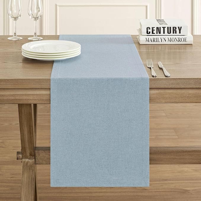 Basic Linen Style Table Runner, 14x36 Inch Chambray Blue | Mitered Corner Design - Image 2