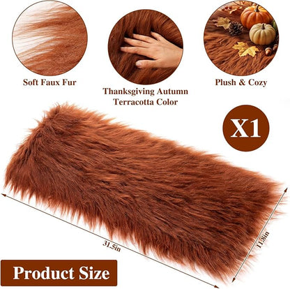 Irenare Fall Thanksgiving Table Runner Terracotta Decor Small Luxury Faux Fur - Image 2