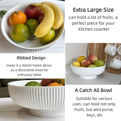 Ceramic Fruit Bowl,10.5" Decorative Bowl, White Fruit Bowl for Kitchen Counter, Purse Bowl, Key Bowl, Kitchen Island Décor, Centerpiece for Dining Table (White)