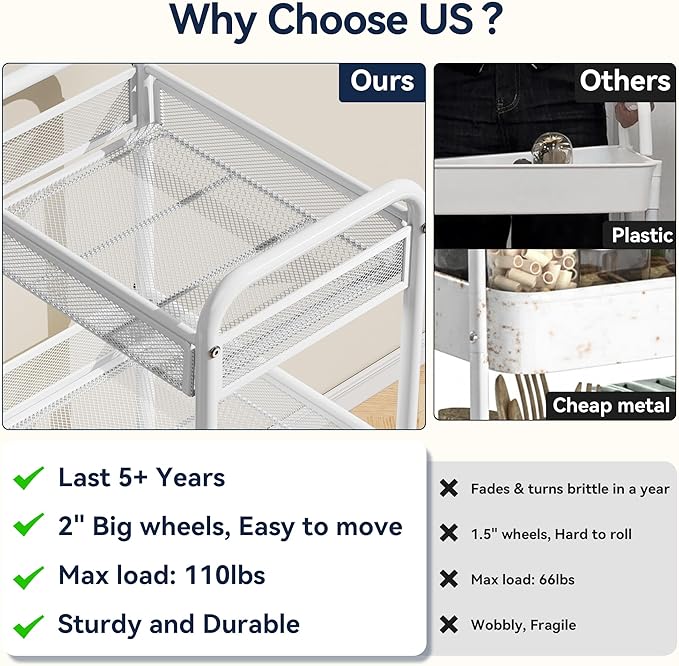 3 Tier Metal Rolling Cart, Art Workspace, Bedside Storage - Image 3