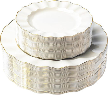 72PCS Ivory White Plastic Plates, Heavy Duty Disposable Party Plates with Gold Rim, 36 Dinner and 36 Dessert for Parties and Wedding