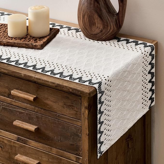 Macrame Side Trim Boho Woven Table Runner, Handmade Feel Ivory Cotton Base by ZEEMARTONLINE