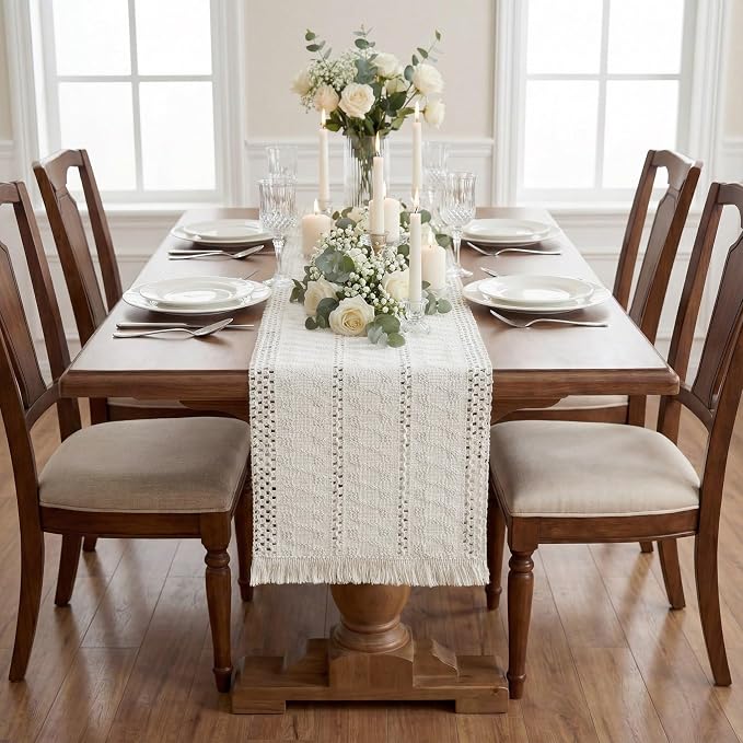Boho Macrame Table Runner with Tassels 90in White Farmhouse Runner | Macrame - Image 6