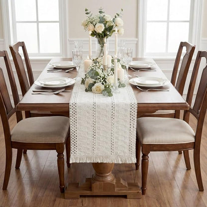 Boho Macrame Table Runner with Tassels 90in White Farmhouse Runner | Macrame - Image 6