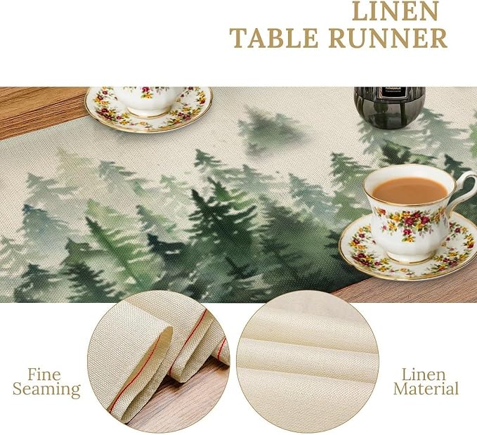 Watercolor Green Pine Trees Table Runner, Forest Woodland Tabletop Scarf Home - Image 5