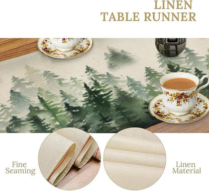 Watercolor Green Pine Trees Table Runner, Forest Woodland Tabletop Scarf Home - Image 5