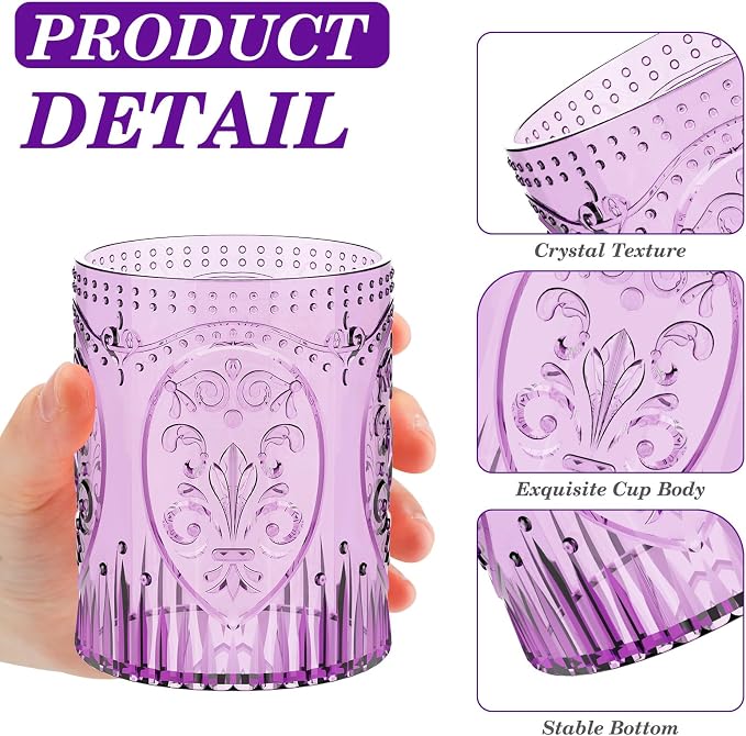 Qinyoung 24 Plastic Vintage Drinking Glasses 8.5oz Stemless Retro Embossed Wine - Image 3