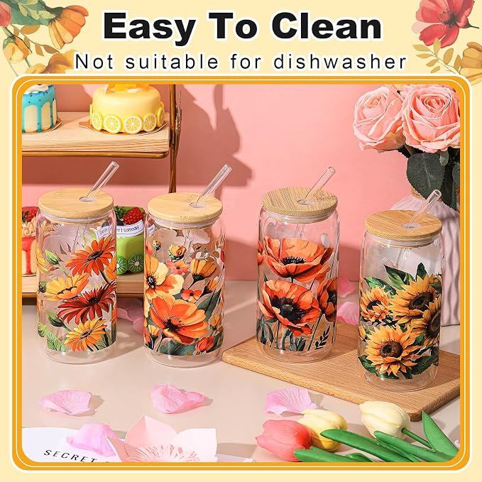 Mumufy 4 Pack Wildflower Glass Cups Gift Aesthetic Cute Glass Cup Tumbler - Image 6