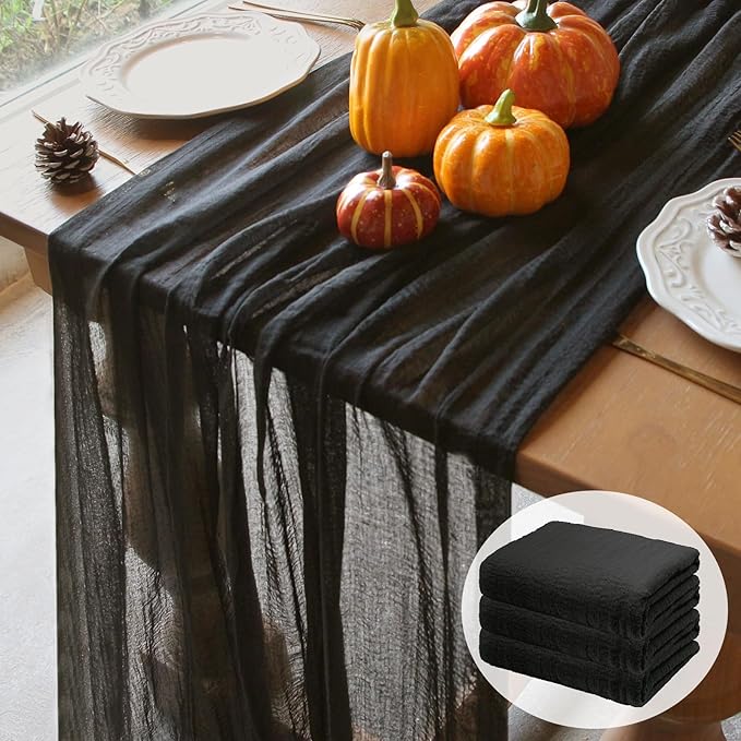 3Pcs Black Cheesecloth Table Runner Rust Boho Fall Party Decoration | 35x120 by FEXIA