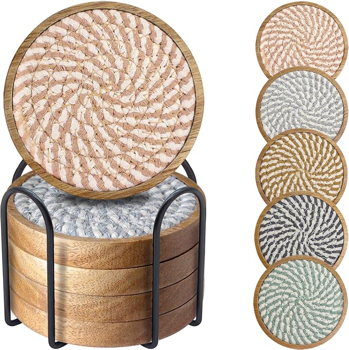 Wood Coasters for Drinks, Eykao Absorbent Coaster Sets of 5, Woven Drink by Eykao