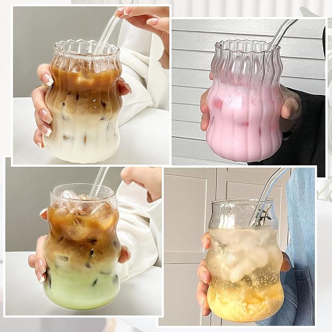 2 Pcs Ribbed Glass Cups 18 Oz Vintage Drinking Glassware Ripple Cocktail Glasses - Image 6