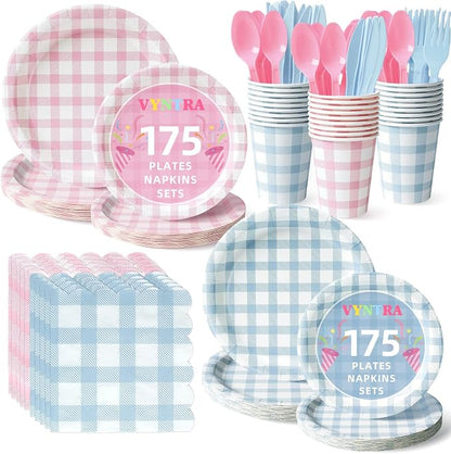 Vyntra 350 Pcs Pink & Blue Gingham Paper Plates and Napkins Set by PartyTablewareSupplies