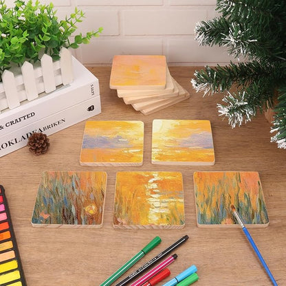 36 PCS 4 Inch Square Wood Coasters, 4 x 4 Inch Wooden Coasters for Crafts, DIY Wood Coaster with Non Slip Dot Stickers, Engraving, Painting (Thick 0.35 Inch)