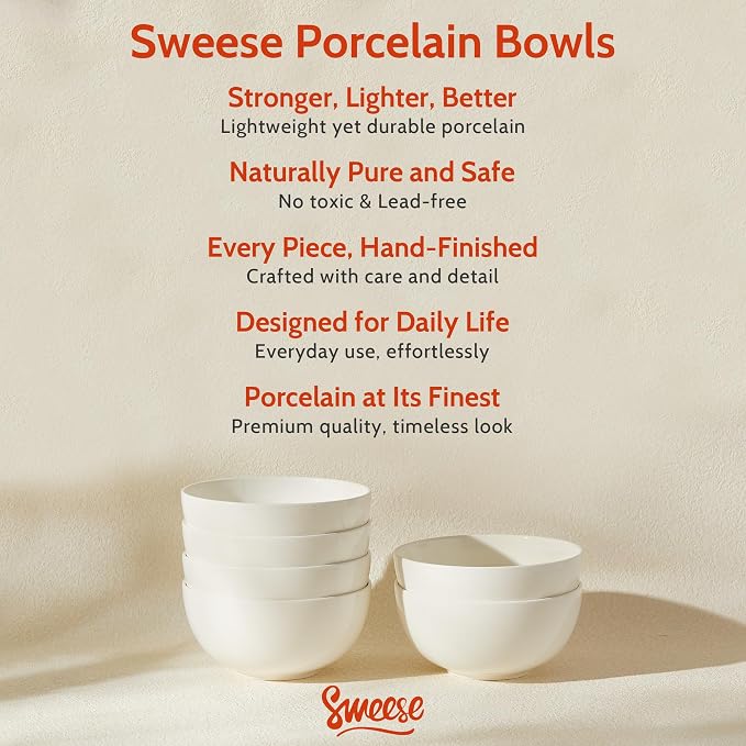 Sweese Porcelain Bowls Set of 6, 20oz Lightweight Round Cereal Bowls Set - Image 8