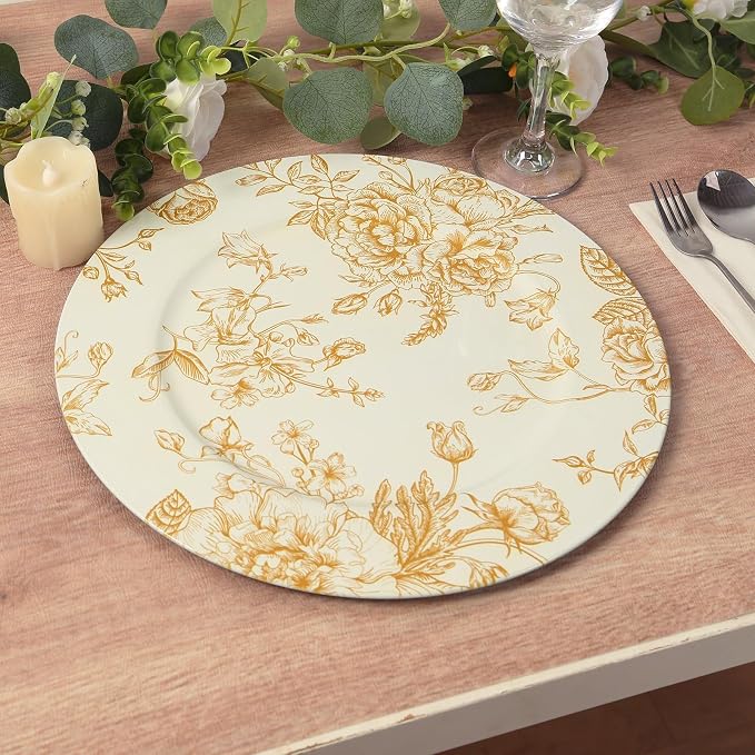 Efavormart 6 Pack White Gold Floral Acrylic Charger Plates in French Toile - Image 4