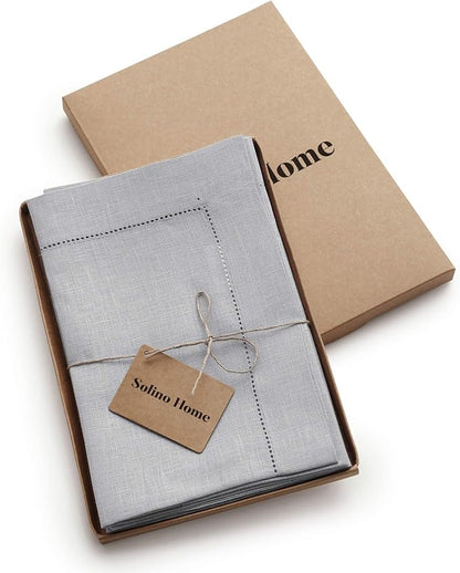 Solino Home Linen Napkins Set of 6 - Classic Hemstitch 100% Pure Linen Soft Grey Dinner Napkins Cloth 20 x 20 Inch for Winter, Spring, Easter - Handcrafted and Machine Washable