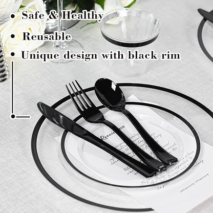 N9R 600PCS Clear and Black Disposable Plates Set, Heavy Duty Plastic Dinnerware Set for 100 Guests Includes 100 Dinner & Dessert Plates, Cups, Spoons, Forks, and Knives, Perfect for Parties, Weddings