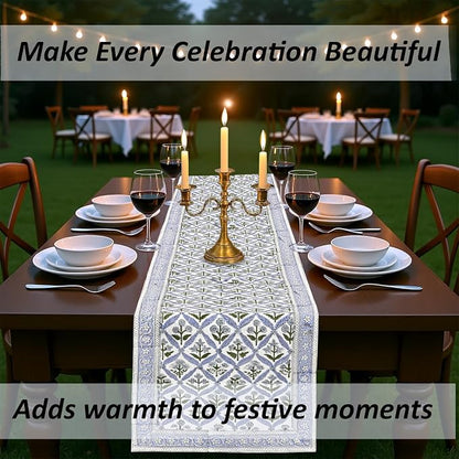 Light Steel Blue Hand Block Print 100% Cotton Table Runner 16x90 Inch | Perfect - Image 8