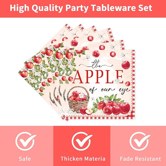 96Pcs Apple of Our Eye Baby Shower Decorations, Watercolor Apple Plates Napkins - Image 4