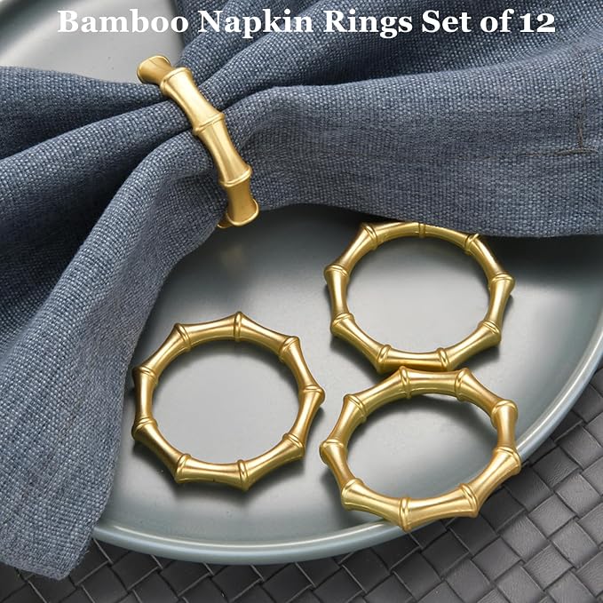 Gold Bamboo Napkin Rings Set of 12, Solid Alloy Bamboo Knuckle Napkin Ring - Image 2