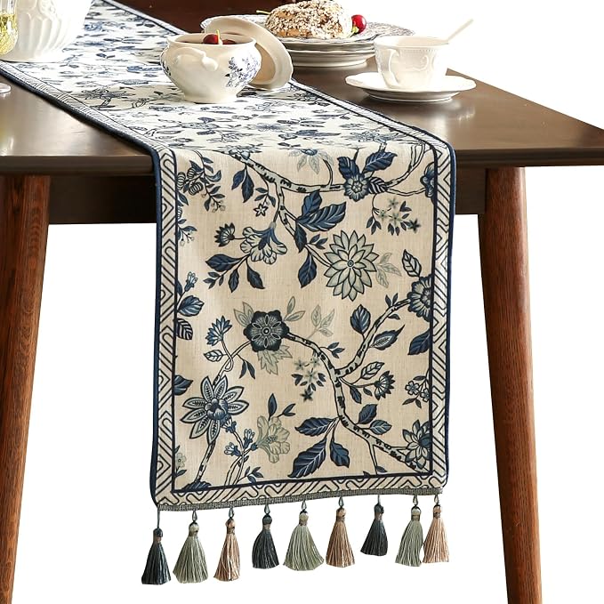 bilin gaier Designer French Linen Small Table Runner, Floral Pattern, Dining by bilingaier