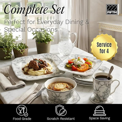 222 Fifth Adelaide Grey 16-Piece Floral Porcelain Dinnerware Set | Microwave - Image 7