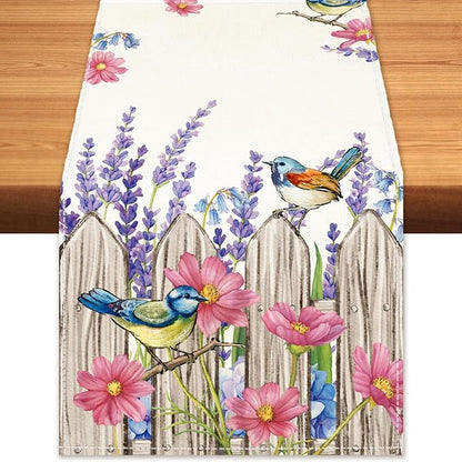 Summer Garden Floral Table Runner Rustic Birds Burlap Table Runners, Spring by BEAUTYROMANCEFORYOURLIFE