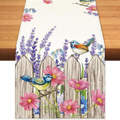 Summer Garden Floral Table Runner Rustic Birds Burlap Table Runners, Spring by BEAUTYROMANCEFORYOURLIFE