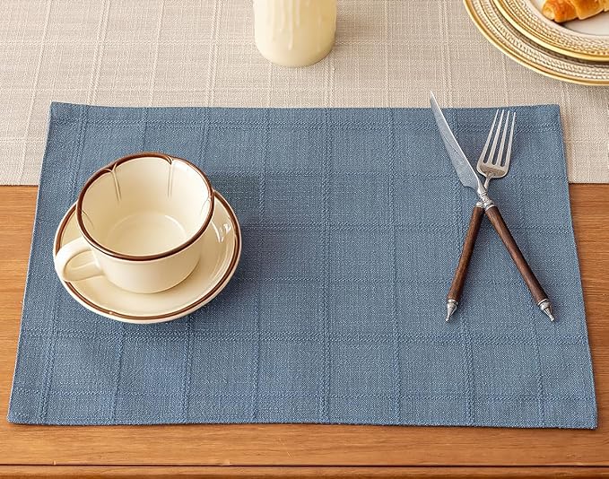 Linen Checked Placemats Set of 6, Machine Washable, Thick Textured Farmhouse by Aoztio