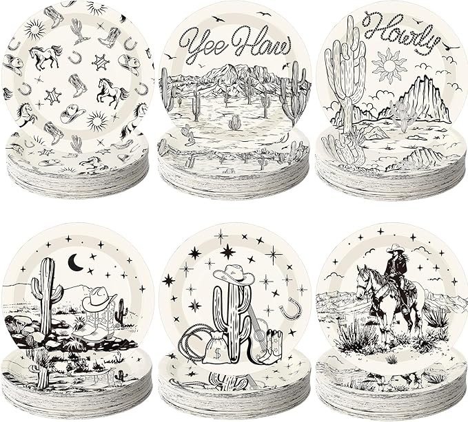 60 Pcs 7 Inch Western Cowgirl Cowboy Baby Shower Paper Plates Wild West Rodeo Decorations Tableware Dessert Dinner Plates for Rodeo Bachelorette and Birthday Party Supplies