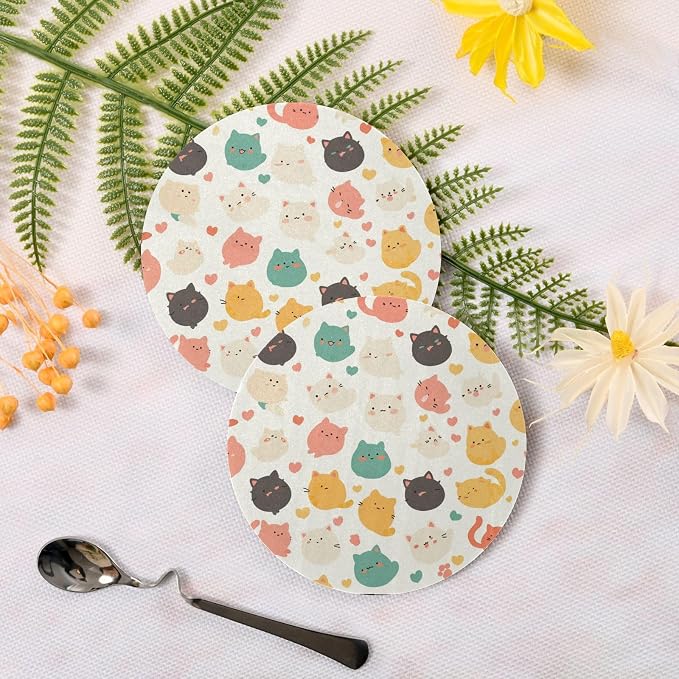 Art Illustration Cats Set of 4 Round Drink Coaster Thick Heat Resistant Mats - Image 3