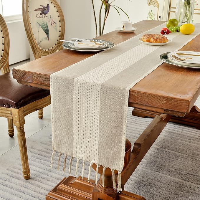 Wracra Linen Table Runner, Stripe Table Runners 72 Inches Long Light Coffee | - Image 5