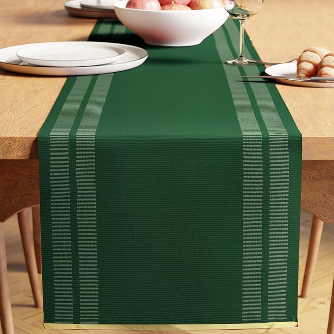 Encasa XO Table Runner, Yarn Dyed Ribbed Cotton 13"x54" | Ladder Dk Green by EncasaXO