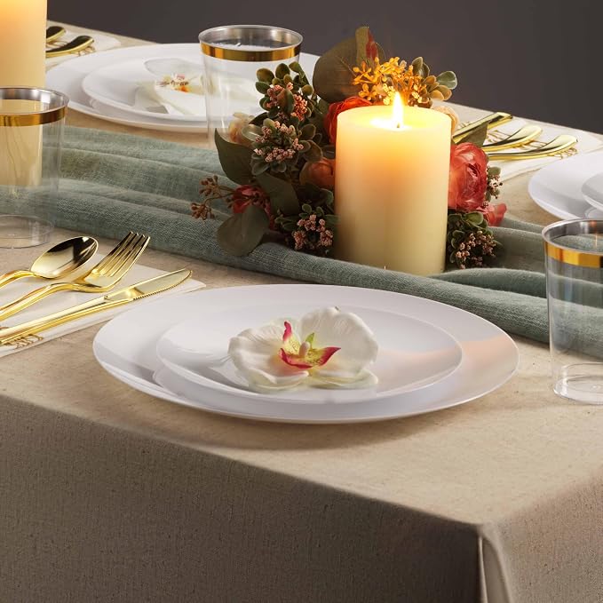 100 White Plastic Plates Set, Elegant Fancy Heavy Duty Disposable Plates - Image 3