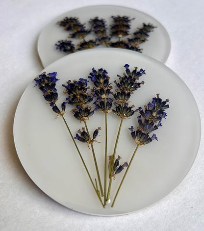 Handcrafted Pressed Lavender Resin Coasters White with Cork Base, Decorative Table Protection (4, Round)