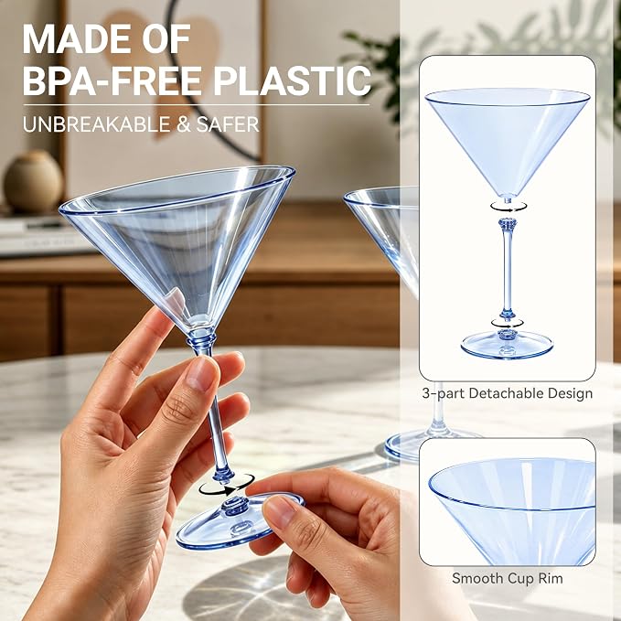 Plastic Martini Glasses Set of 12, 9 oz Blue Cocktail Cups | Unbreakable - Image 4