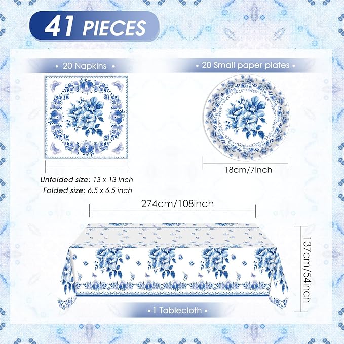 41Pcs Blue White Floral Party Decorations Disposable Tableware Set Serves 20 - Image 2