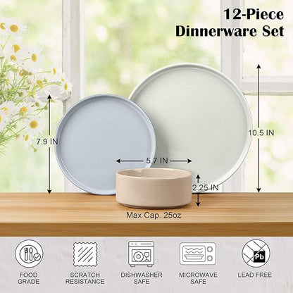 E-far Stoneware Dinnerware Sets, 12-Piece Plates and Bowls Dish Set for 4, Kitchen Modern Dinning Ware, Chip and Scratch Resistant, Microwave & Dishwasher Safe, Speckled Multicolor