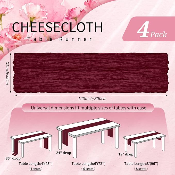 4 Pack Cheesecloth Table Runner 10FT Burgundy Red Table Runner Boho Gauze - Image 2