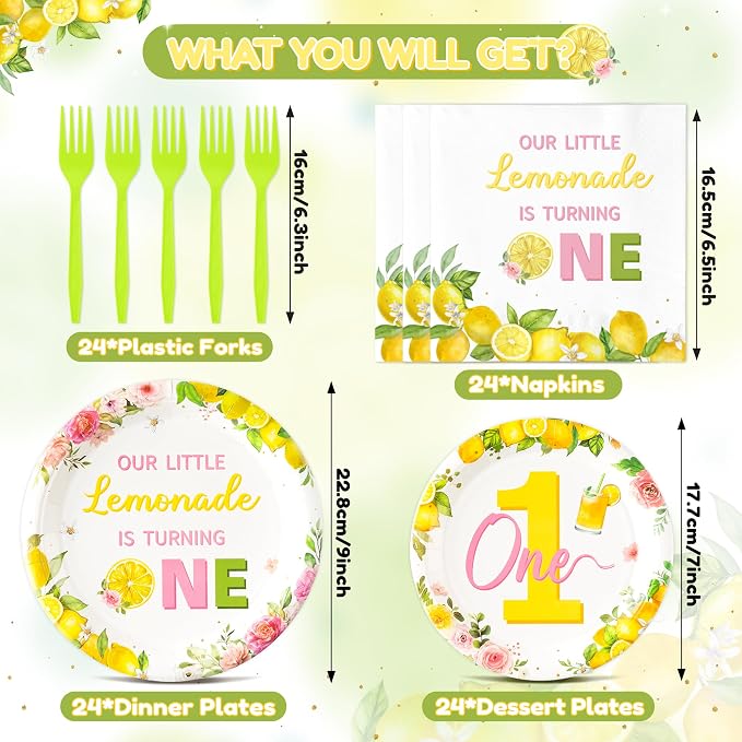 96Pcs Lemon 1st Party Plates Supplies Pink Yellow Our Little Lemonade Is - Image 2