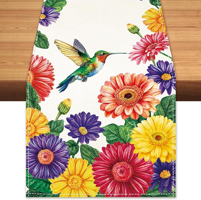 Summer Hummingbird Table Runner Spring Daisy Floral Burlap Table Runners by BEAUTYROMANCEFORYOURLIFE
