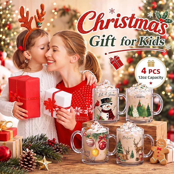Tioncy 4 Pcs Christmas Glass Coffee Mugs 12 oz | Reindeer Snowman Tree Designs - Image 5