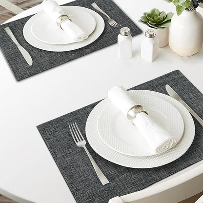 Cloth Placemats Set of 8, Linen Type Fabric Placemats Black Table Mat Set of 8, Machine Washable Rustic Place Mats Heat Resistant Placemats Thick Polyester Kitchen Place Mats for Dining Table