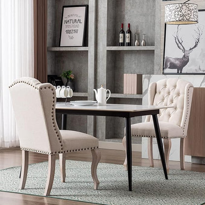 Linen Dining Chairs Set of 6, Farmhouse Dining Room Chairs with Tufted Wingback, Upholstered French Country Parsons Kitchen Chairs Side Accent Chair for Home/Restaurant, Cream