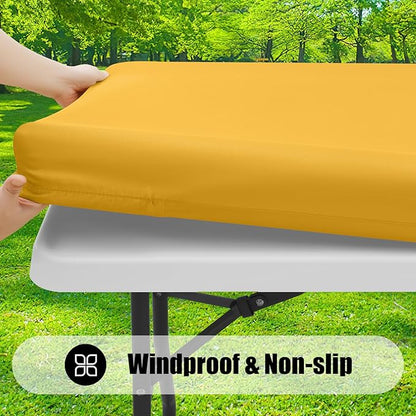 Smiry Rectangle Picnic Table Cloth, Waterproof Elastic Fitted Tablecloths for 6 Foot Tables, Washable Polyester Table Cover for Camping, Indoor and Outdoor (Mustard Yellow, 30"x72")