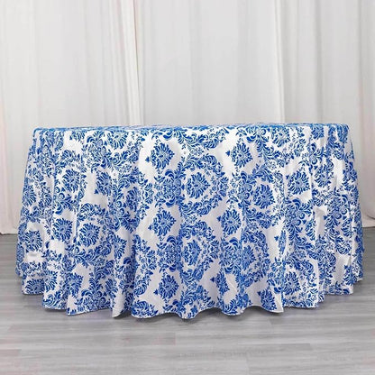Efavormart 120" Royal Blue Velvet Flocking Damask Tafetta Round Tablecloth by efavormart