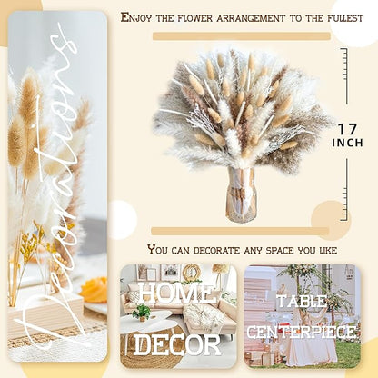 150PCS Natural Pampas Grass Bouquet |Mix Dried Flowers Bouquet for Wedding Decor Boho Decor Home Table Decor Desk Decor, Rustic Farmhouse