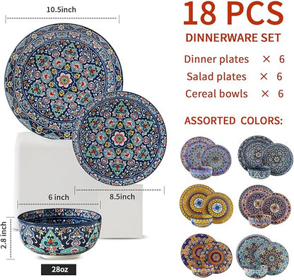 HASENSE 18 Pieces Kitchen Dinnerware Sets Service for 6, Bohemian Style Plates and Bowls Set, Ceramic Vintage Tableware Dishes Set, Scratch Resistant Microwave and Dishwasher Safe, Assorted Color